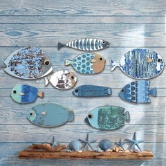 10 Pcs Fish Wall Decor Wooden School of Fish Wall Hanging Decor Wood Beach Wa…