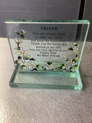 Tinted Heavy Glass Desk Plaque Paperweight Dear Friend Flowers 4 1/2″T