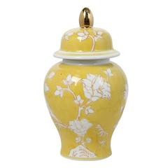 Yellow Ceramic Ginger Jar with Magnolia & Bird Relief, Hand-Carved Floral Vase,