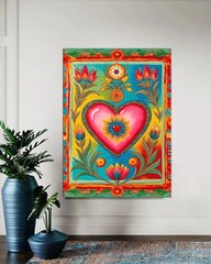 Sacred Heart Mexican Folk Art Canvas Print, Colorful Milagro Style Floral Decor