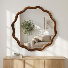 36 in Wavy Mirror, Round Solid Wood Frame Decorative Mirror For Bathroom Hotel