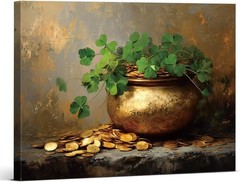 Vintage Pot of Gold St. Patrick’s Day Wall Art Print Irish Shamrocks Picture Pai