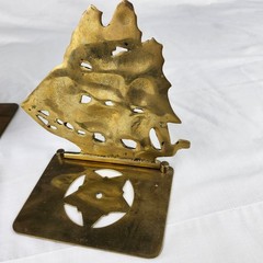 Two VTG Solid Brass Schooners Sailing Ships Nautical MCM Folding Style Bookends