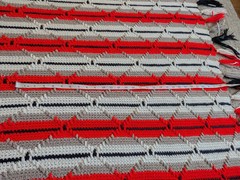 Vintage Large Handmade Afghan Throw Crochet Black Cream Gray Red Stripe Fringe