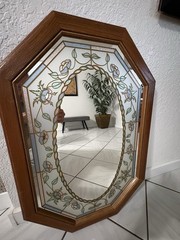 Vintage 80’s Octagonal Floral Etched Mirror Retro Stained Glass Wood Frame Pink