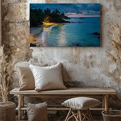 Wall Art Serene Beach Scene At Night, Featuring A Sandy Shoreline Bordered By