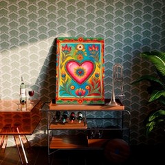 Sacred Heart Mexican Folk Art Canvas Print, Colorful Milagro Style Floral Decor