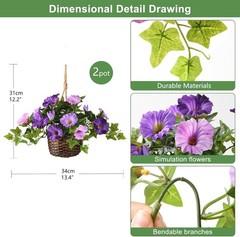 2 Set Artificial Outdoor Flowers with Hanging Basket, 2 Hanging Planters Faux…
