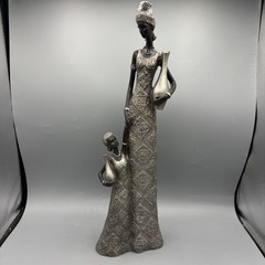 African Woman Figurine Sculpture Fabric Dress Statue Home Decor w/ Child