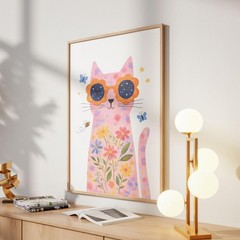 Floral Cat with Glasses Print | Kids Room Wall Art