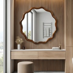 36 in Wavy Mirror, Round Solid Wood Frame Decorative Mirror For Bathroom Hotel