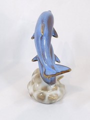Glazed Ceramic Double Dolphins Figurine Ocean/Coastal Decor sand/cream wave base