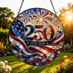 America 250 Stained Glass , 1776 2026 Patriotic Window Hanging, Red