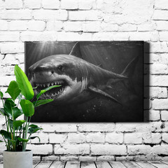 Great White Shark Canvas Print Underwater Monochrome High Contrast Open Mouth