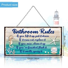 Seashell Bathroom Rules Decor Signs Wall Ocean 12 x 6 Inches, Blue and White