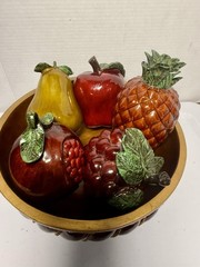 Ceramic Multicolor Fruit Centerpiece Bowl with Pineapple Pear Grapes Apple Pom