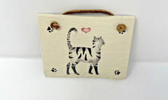 Hand Painted Slate Tile Wall Hanging Striped Cat Paws Heart Country Kitty Plaque