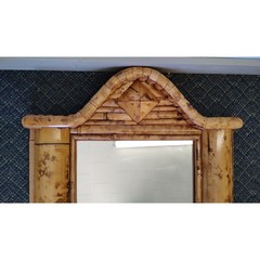 Burnt Split Bamboo Wall Mirror Pediment Top Boho 32×25 Tiki 60s Unique Large