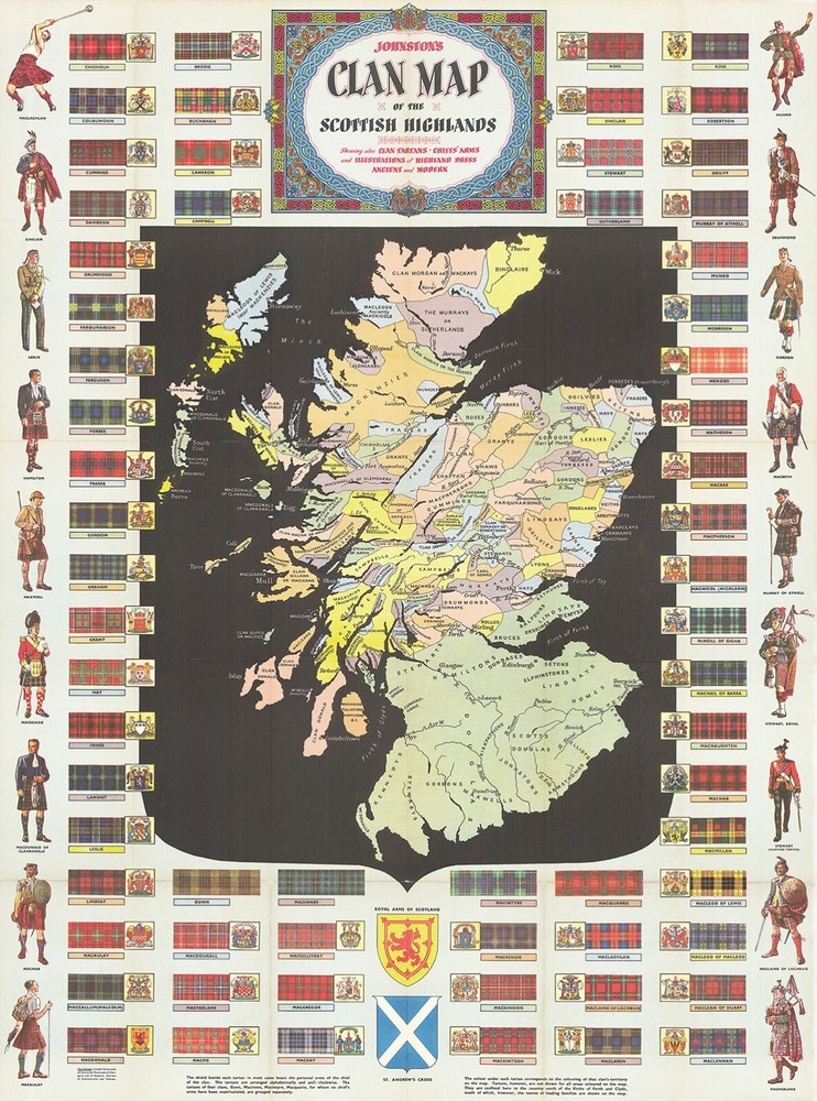 c1965 Clan Map of the Scottish Highlands Scotland Art Print Decor Poster History