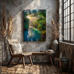 Wall Art Serene Tropical Rainforest Scene At Dawn, Featuring Tall, Slender Palm