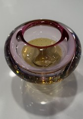 Art Glass Vase Amber Pink Controlled Bubble Heavy Hand Blown 4”x 5” Bohemian