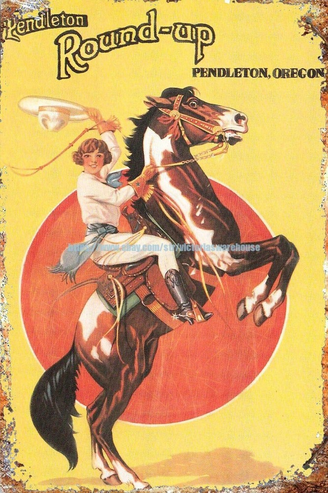 interior design ideas Pendleton Oregon Rodeo Cowgirl Rearing metal tin sign