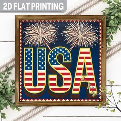 Patriotic USA Fireworks Wood Plaque, Flag Letter Print 4th of July Wall Decor