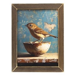Primitive Farmhouse RUSTIC WREN BIRD PICTURE Wood Framed Wall Hanging 13″x17″