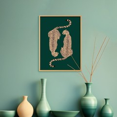 Framed Canvas Dark Green Background Two Cheetahs Minimal Boho Animal Art Decor