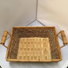 Woven Seagrass Basket Unisex Medium Tan Rectangular Bamboo Handles Cottagecore