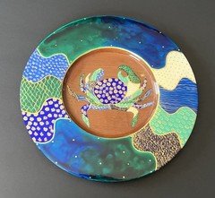 Bibi Leon Hand Crafted Painted Crab Mahogany Wood Charger Plate Tray Signed
