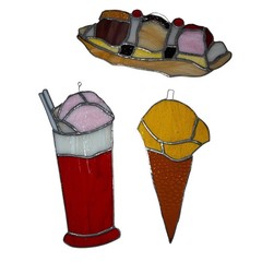 VINTAGE Set of 3 Stained Glass Suncatchers Ice Cream Cone Float Banana Split (2)