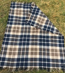 ALPACA WOOL THROW CHECK PATTERN BLUE BROWN TAN CREAM 54″ X 66″ + FRINGE EXC COND