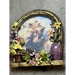 Vintage Style Floral Enamel Jeweled Frame Gold Tone Mini Easel 4in Art 2004