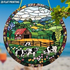 Farm Cow Scene Acrylic Suncatcher Rustic Country Boho Window Wall Hanging Decor