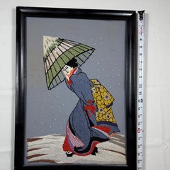 Vintage Asian Japanese Hand Geisha Wall Art Crewel Kimono & Wagasa *see pics**