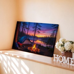 Camping scene canvas wall art with campfire lake sunset pine trees nature print