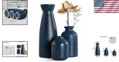 Elegant 3-Piece Ceramic Blue Vases Set – Bohemian Flower Decor for Home