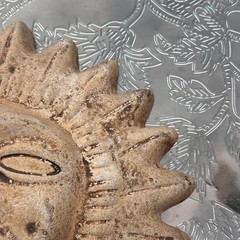 Celestial Sun Face Wall Plaque Rustic Concrete 10 Inch Round Decor small chip