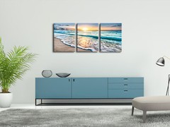 3 Panels Blue Beach Sunrise White Wave Pictures Painting on Canvas Wall Art
