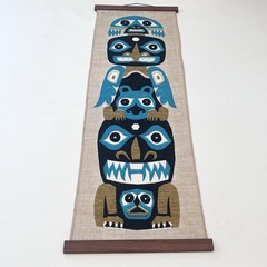 Mid Century Modern Kitsch Tiki Totem Inuit Linen Tapestry MCM