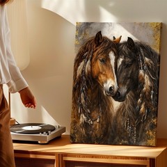Wall Art Two Horses Canvas Print Rustic Western Animal Portrait Decor Gold Home