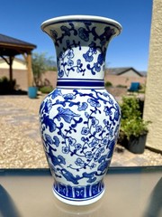 Blue White Porcelain Vase 14″ Tall Hand Painted Floral Chinoiserie Chinese Style