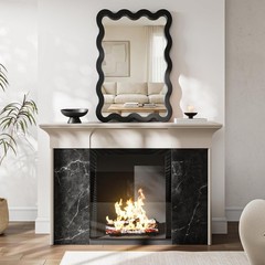 22″x30″ Matte Black Wavy Mirror, Solid Wood Irregular for Powder Room Vanity