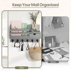 Key and Mail Holder for Wall Mail Organizer Wall Mount with 6 Hooks and Storage