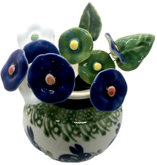 Polish Pottery Round Vase Bunny Rabbit 11 Polish Ceramic Flowers 2 Leaves