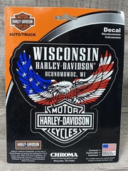 Harley Davidson Motorcycles Oconomowoc WI USA Flag Upwing Eagle 5″ Decal – New