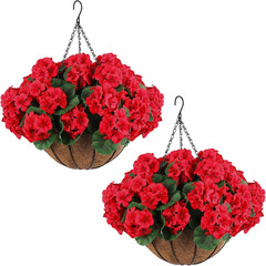 2 Set Artificial Red Geraniums Flowers for Outdoors with Hanging Baskets, 2 Hang