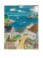 Ceramic Wall Art Tile Plaque Seaside Village Boats Relief Hand Painted Glazed