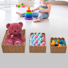 3PCS Rural Rectangle Storage Baskets Scalloped Edge Weaving Basket Brown